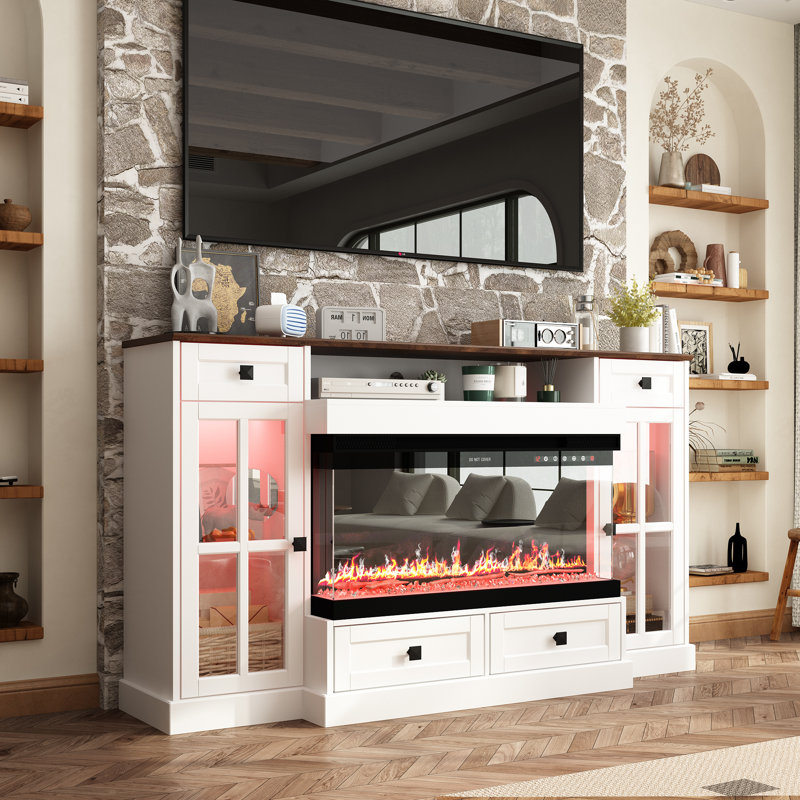 55 Inch White Electric Fireplace TV Stand With 20 Color LED Lighting Glass Cabinets And Soft Close Drawers